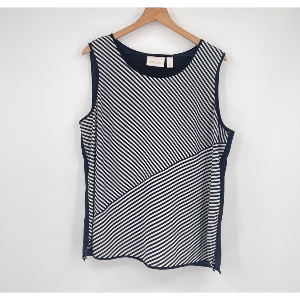 Chico's Striped Sonya Tank Womens Sz XL Black White Dressy Career Office Chic